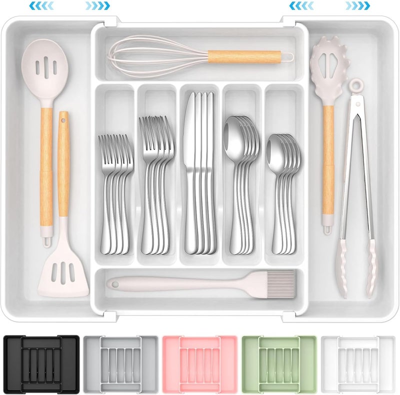 ukeetap Extra Large Expandable Silverware Organizer, BPA-Free Food-Safe Cutlery Flatware Organizer, Kitchen Utensil Drawer Organizer, Adjustable Silverware Holder for Spoons Forks Knives, White - Image 1